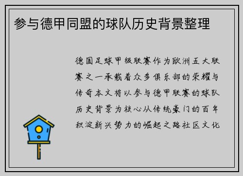 参与德甲同盟的球队历史背景整理