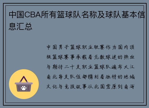 中国CBA所有篮球队名称及球队基本信息汇总